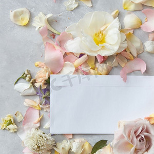 花瓣用白色信封和文字放置在具体的背景上，平放。鲜花和信封