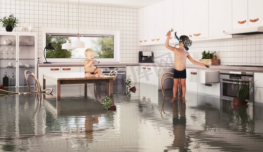 男孩们和房间里的洪水。3D和照片组合插图
