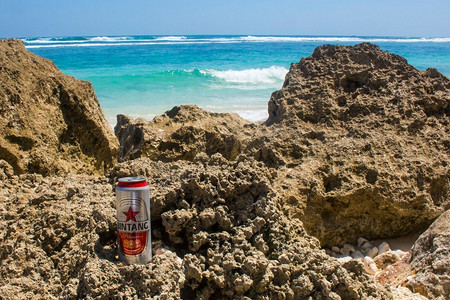 夏日啤酒饮料摄影照片_在美丽的夏日海滩上喝啤酒照片。在美丽的夏日海滩上喝啤酒