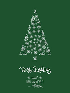 雪花圣诞卡深绿色圣诞树，文字：圣诞快乐，新年快乐