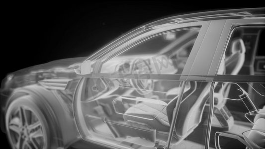 3d草图模型摄影照片_3D线框汽车模型的全息动画与引擎和水獭技术部件。带发动机的3D线框汽车模型的全息动画