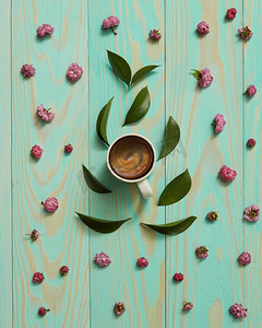 花朵和叶子摄影照片_一杯黑咖啡在蓝色背景上装饰着粉红色的花朵和叶子平躺。杯黑咖啡