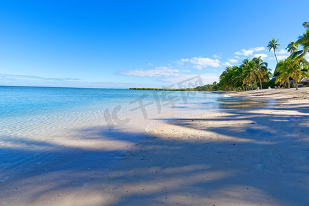 小岛海滩摄影照片_斐济沿海的一个小岛，有一片白色的沙滩