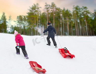 雪橇，冬天，孩子，孩子