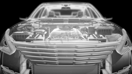 3D线框汽车模型的全息动画与引擎和水獭技术部件。带发动机的3D线框汽车模型的全息动画