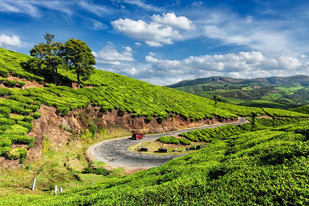 喀拉拉邦印度旅行背景—在路上的汽车在绿茶种植园在Munnar，喀拉拉邦，印度印度喀拉拉邦Munnar的绿茶种植园