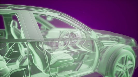 汽车线框摄影照片_全息动画的3D线框汽车模型与发动机和水獭的技术部分。带发动机的3D线框汽车模型的全息动画