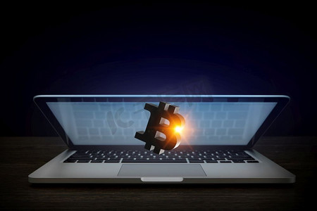 虚拟比特币和以太坊图标出笔记本电脑屏幕。3d翻译加密货币市场。混合媒体