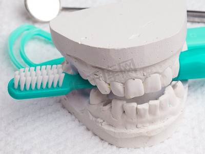 口腔卫生健康概念。特写蓝色牙刷镜子和舌头清洁器与牙科石膏模型