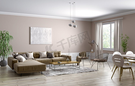 维摄影照片_斯堪的纳维亚公寓的现代室内设计，客厅有棕色沙发，扶手椅，就餐区，3D渲染