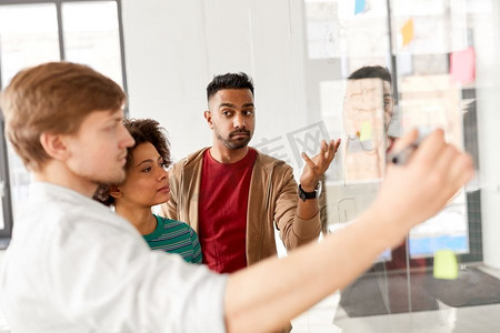 商业，创业，规划和人的概念—创意团队与计划在办公室玻璃板。办公室玻璃板创意团队