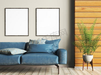 真皮男手拿包摄影照片_室内设计现代客厅与蓝色真皮沙发。墙上的木镶板和实体模型框架。家居设计。3d渲染