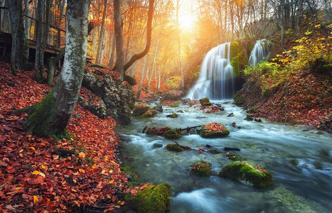 美丽的瀑布在山河在五颜六色的秋天森林与红色和橙色的叶子在日落。自然景观