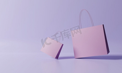 在紫色背景的购物袋。商业和网上购物的概念。3D插图渲染