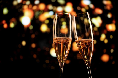 节日灯光摄影照片_两个香槟酒杯和节日灯光祝新年快乐