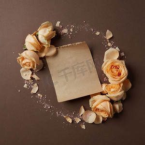 花卉文字摄影照片_棕色背景上的玫瑰圆框，用一张纸作为你的文字，平放。圆框玫瑰花