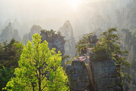 湖南著名风景摄影照片_中国著名的旅游景点—张家界石柱悬崖山日落在武陵源，中国.中国张家界山脉