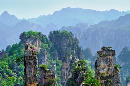 中国著名的旅游景点—张家界石柱悬崖山日落在武陵源，中国.中国张家界山脉