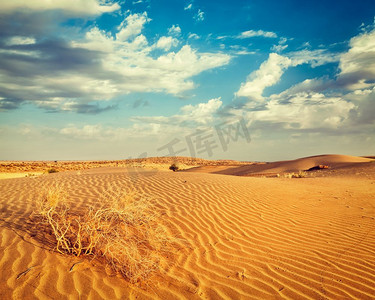 复古复古效果过滤的嬉皮士风格的沙丘的塔尔沙漠图像。印度拉贾斯坦邦山姆沙丘。印度拉贾斯坦邦塔尔沙漠沙丘