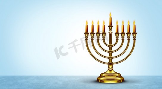 光明节烛台象征或光明节烛台与点燃的蜡烛作为季节性传统信仰象征在蓝色背景作为3D例证