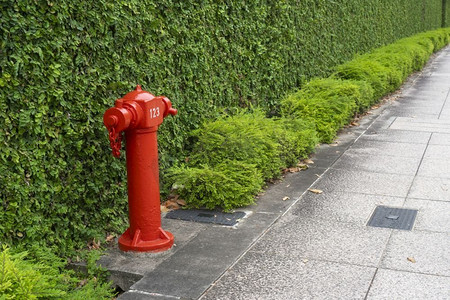红色消防管在城市网站，步行道