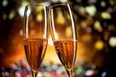 两个香槟杯和节日灯新年快乐红酒杯杯子