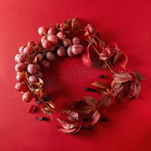 一个框架的红葡萄和葡萄叶在一个红色的背景平面奠定。葡萄和叶子的框架