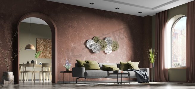 现代室内设计客厅与灰色沙发，公寓与红色混凝土灰泥墙和拱形门，家设计3d渲染
