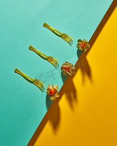 带有黄色酸浆植物和叉子的顶视图构图,在对角线双色调黄绿色背景上