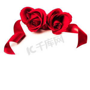 两个心形红玫瑰和丝带隔绝在白色背景，情人节。心形玫瑰