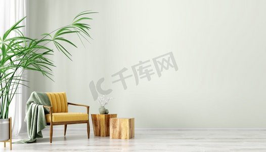 渲染咖啡摄影照片_客厅内部有咖啡桌和黄色扶手椅，家设计3d渲染