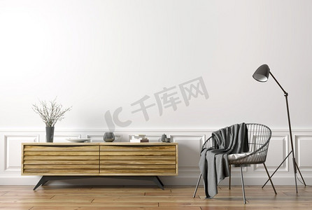 现代客厅室内设计。木制餐具柜，落地灯和黑色扶手椅3d渲染