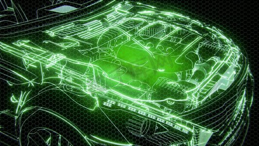 全息动画的3D线框汽车模型与发动机和水獭的技术部分。带发动机的3D线框汽车模型的全息动画