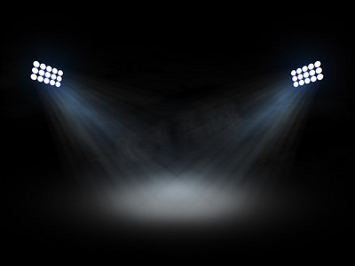 体育场剧院flights聚光灯与光束在黑色背景。体育场剧院灯光聚光灯
