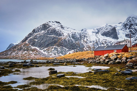 挪威峡湾里的红色罗布房子。挪威罗弗敦群岛。红色罗布房子和峡湾在挪威