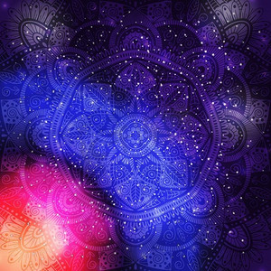 紫色银河背景上的观赏花卉民族曼陀罗，矢量插图