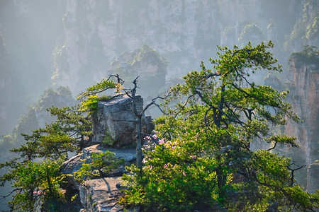 吸引力的摄影照片_中国著名的旅游景点—张家界石柱悬崖山日落在武陵源，中国.中国张家界山脉