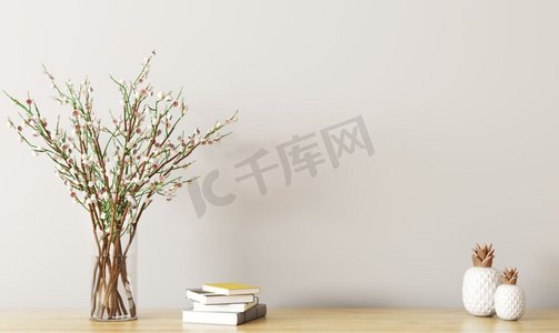 墙面装饰，花瓶中有花枝的木架，春天的室内背景3D渲染