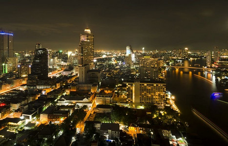 曼谷城市夜景与河，泰国