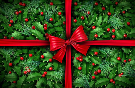 经典的冬季假期装饰作为包装礼物与松树和冬青叶作为红色圣诞礼物作为节日3D渲染。