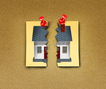 家庭破裂作为离婚家庭在家庭分离中撕裂,带有 3d 插图元素.家庭破裂