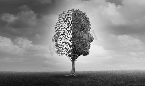 情绪障碍和人类情绪或情绪问题作为一棵树,形状为两张人脸,一半是空的