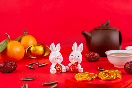 兔年新年两个兔子摆件红色背景摆放