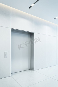现代电梯与关闭的门在办公室大厅，3d渲染