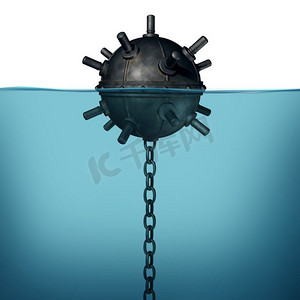 水雷水下爆炸装置物体概念作为海军海洋炸弹的3D渲染。