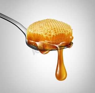 蜂蜜滴与甜蜜蜂蜂窝液体滴在勺子上作为养蜂和烘焙成分符号与3D插图元素。亲爱