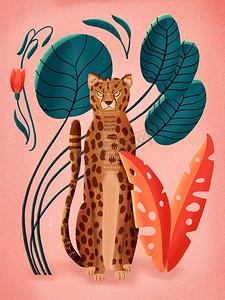 花植物海报摄影照片_猎豹的画象在粉红色背景与五颜六色的植物，棕榈叶和花包围。手绘插图。 