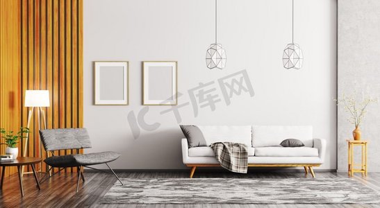 表格装饰摄影照片_带有沙发和扶手椅的现代客厅内部3D渲染