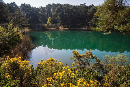 古老的粘土矿坑采石场湖的美丽风景形象，有着不同寻常的颜色的绿水