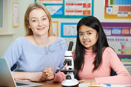 科学课上用显微镜观察女学生与老师的合影
